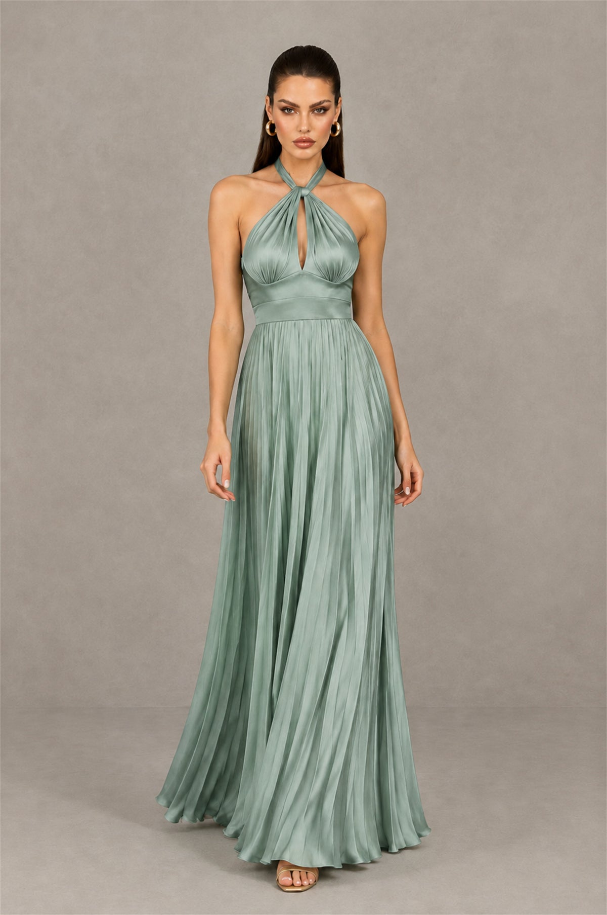 BOLODOO Eucalyptus Halter Pleated A-Line Evening Dress - Eucalyptus