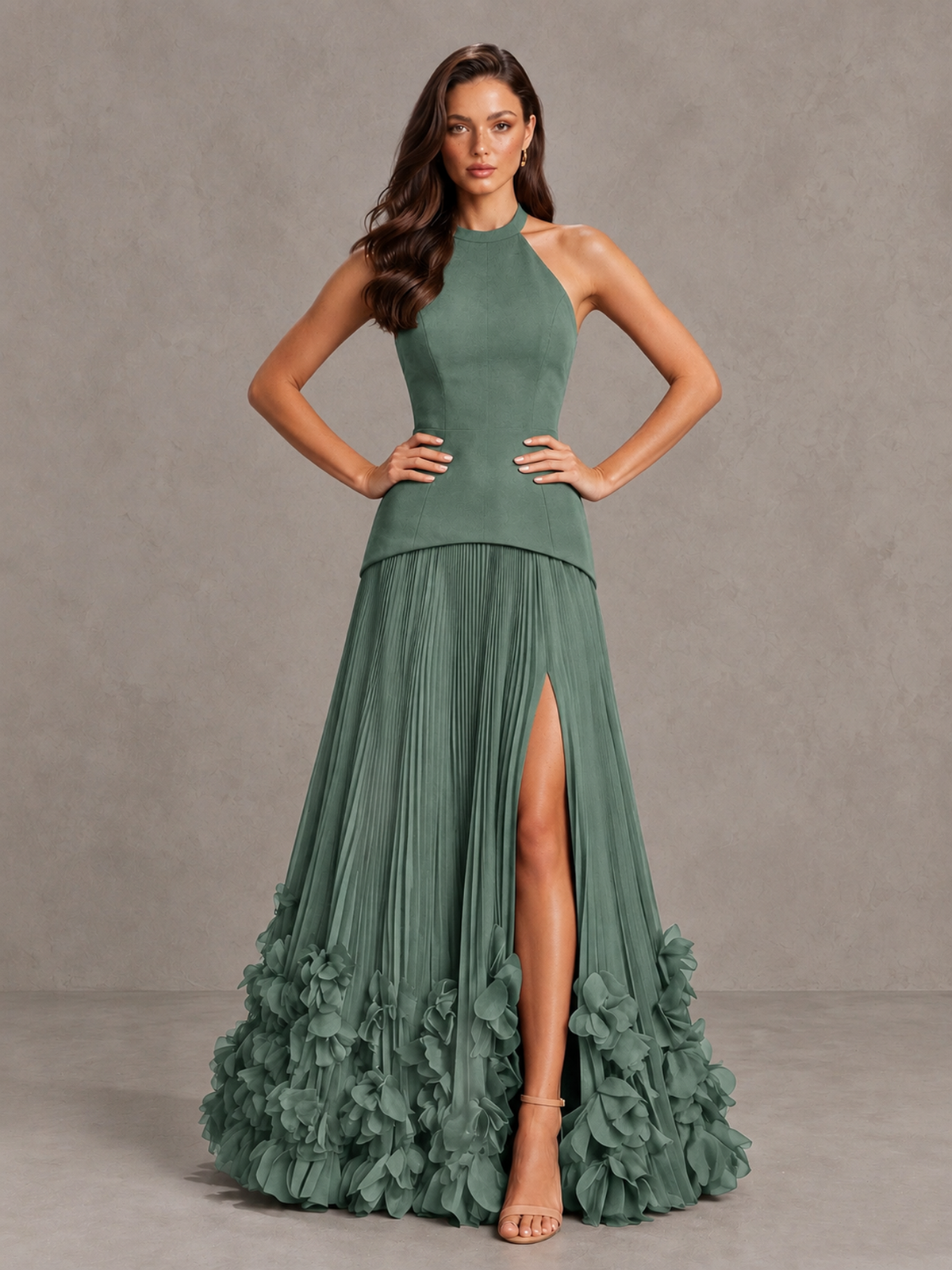 BOLODOO Eucalyptus Halter Neck Floor-Length Evening Gown with High Slit & 3D Floral Hem - Eucalyptus - Eucalyptus (4)