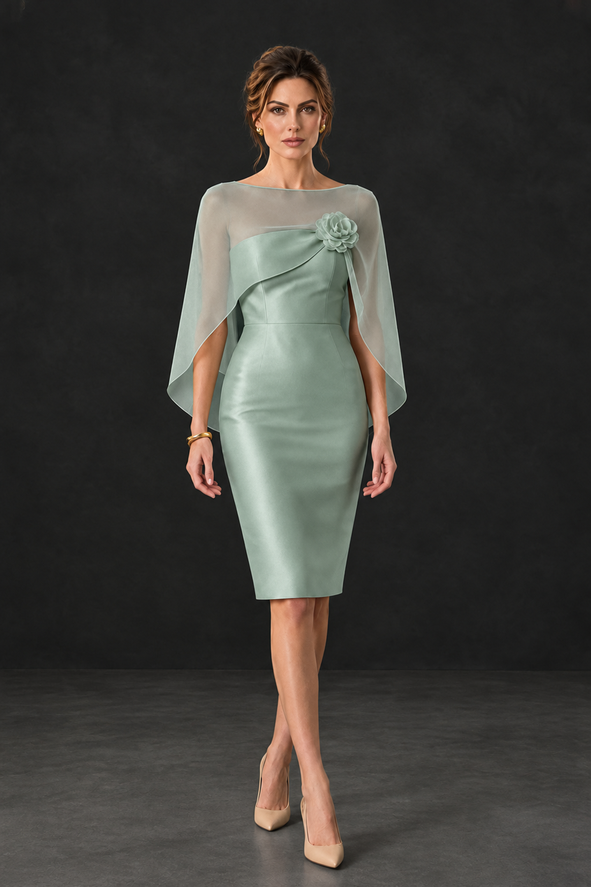 BOLODOO Eucalyptus Cape Knee-Length Mother of the Bride Dress - Eucalyptus - Eucalyptus (4)