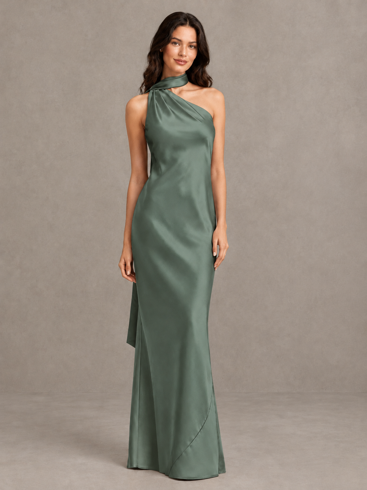 BOLODOO Eucalyptus Satin One-Shoulder Bridesmaid Dress with Open Back - Eucalyptus - Eucalyptus (4)