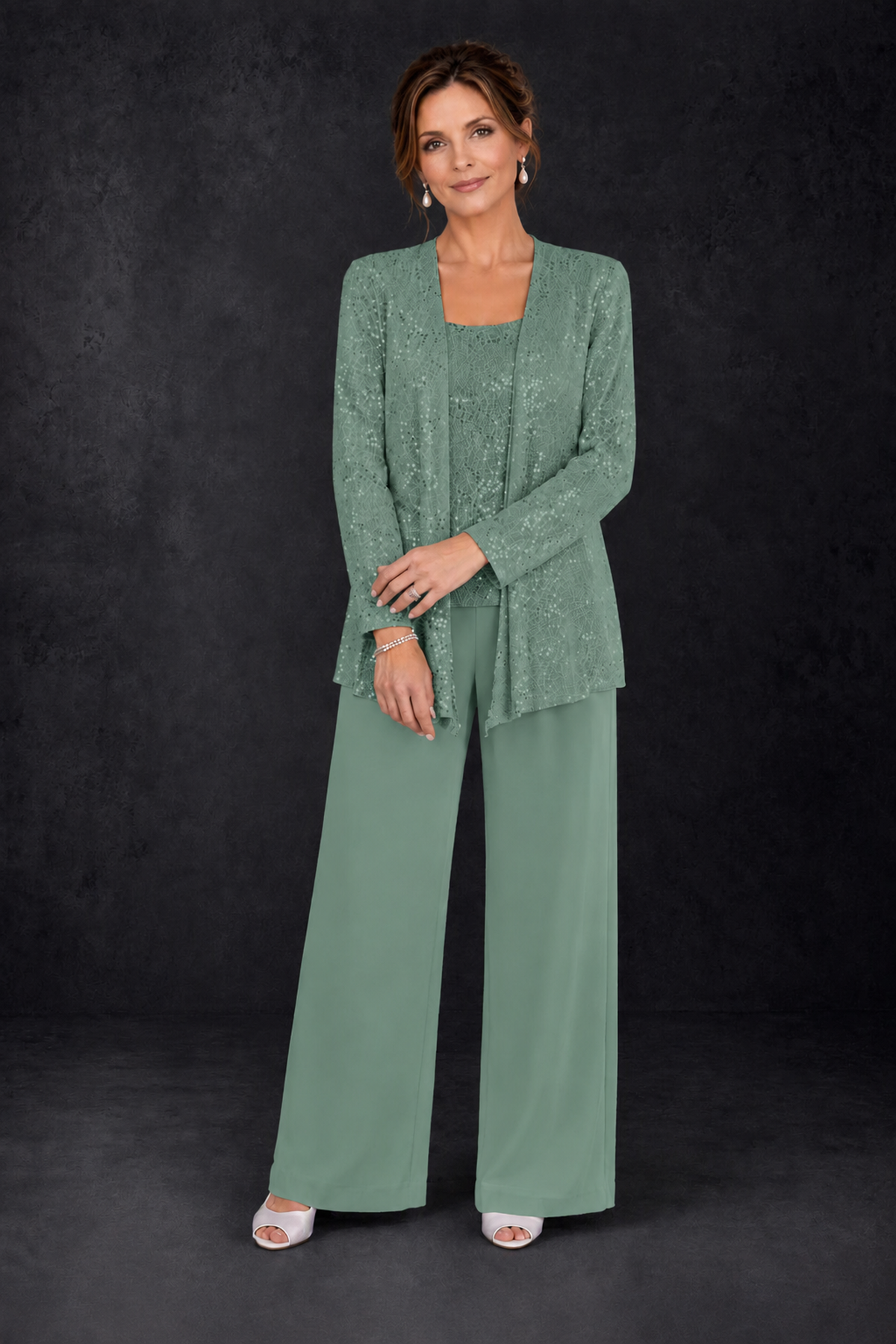BOLODOO Eucalyptus Sequin Lace 3-Piece Pant Suit with Long Sleeve Jacket - Eucalyptus - Eucalyptus (4)