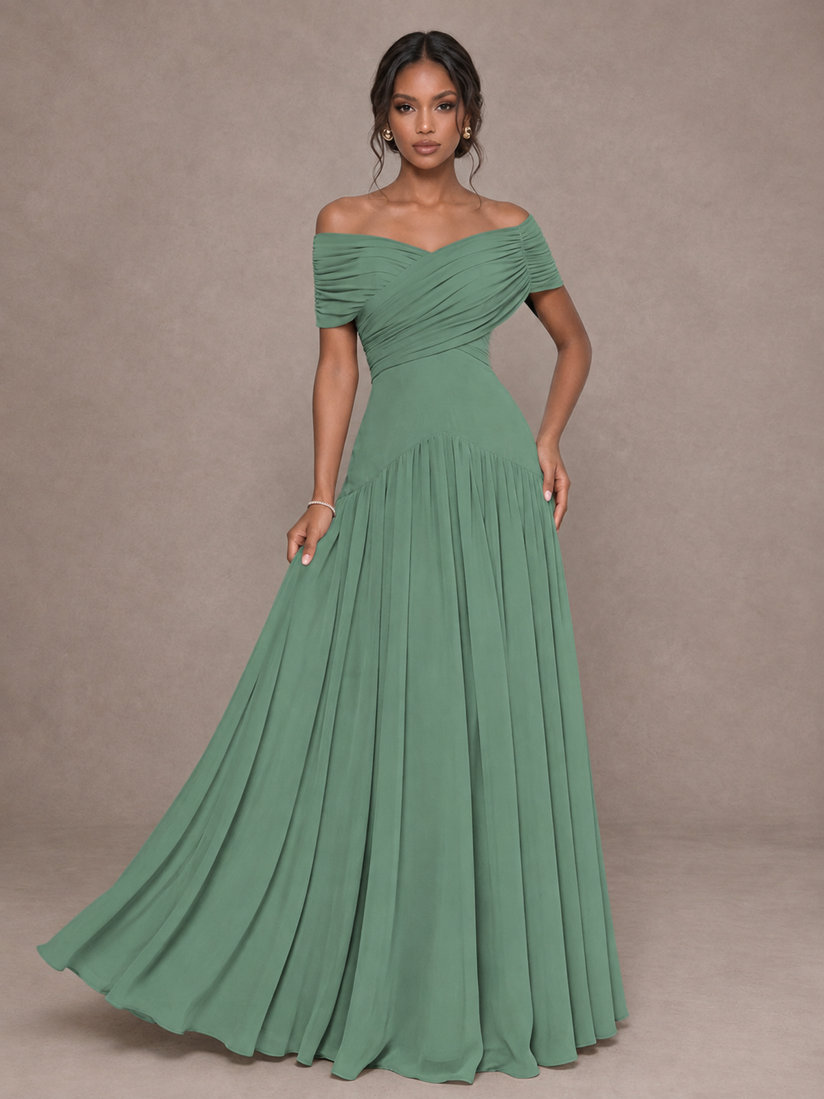 BOLODOO Eucalyptus Off-Shoulder Ruched A-Line Bridesmaid Dress - Eucalyptus - Eucalyptus (4)