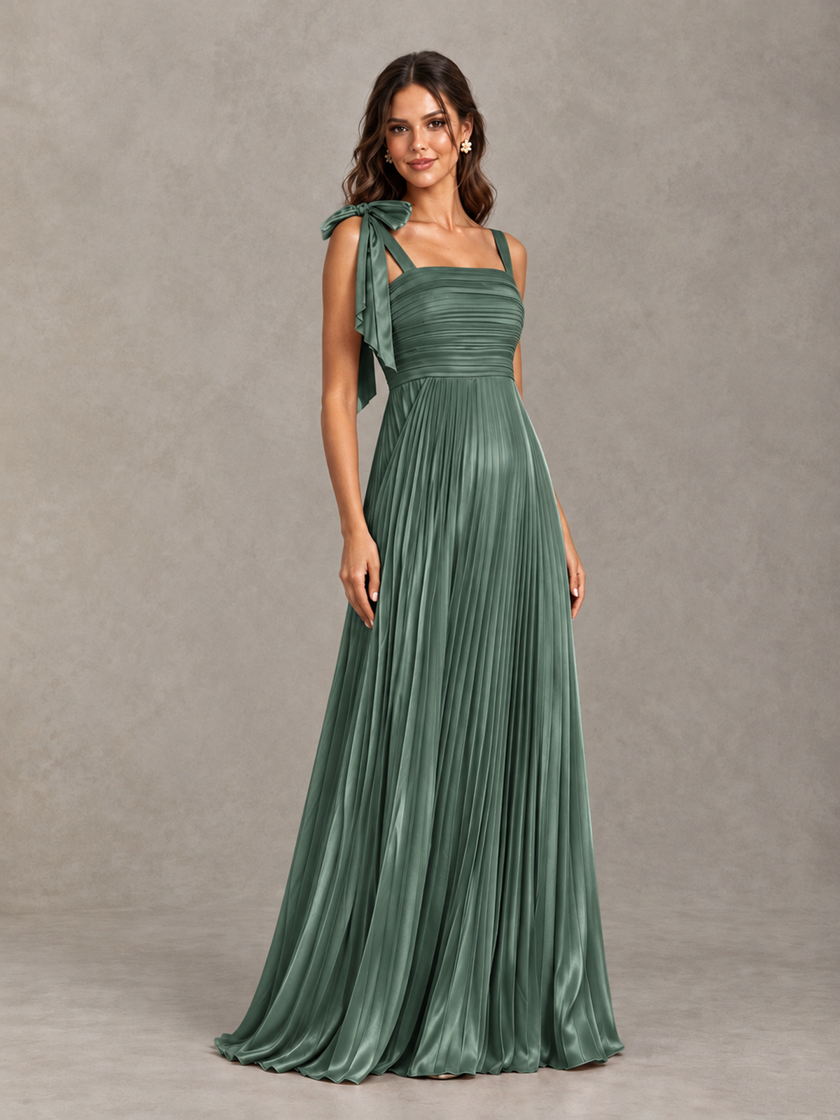 BOLODOO Eucalyptus Pleated Bow-Strap Bridesmaid Maxi Dress - Eucalyptus - Eucalyptus (4)