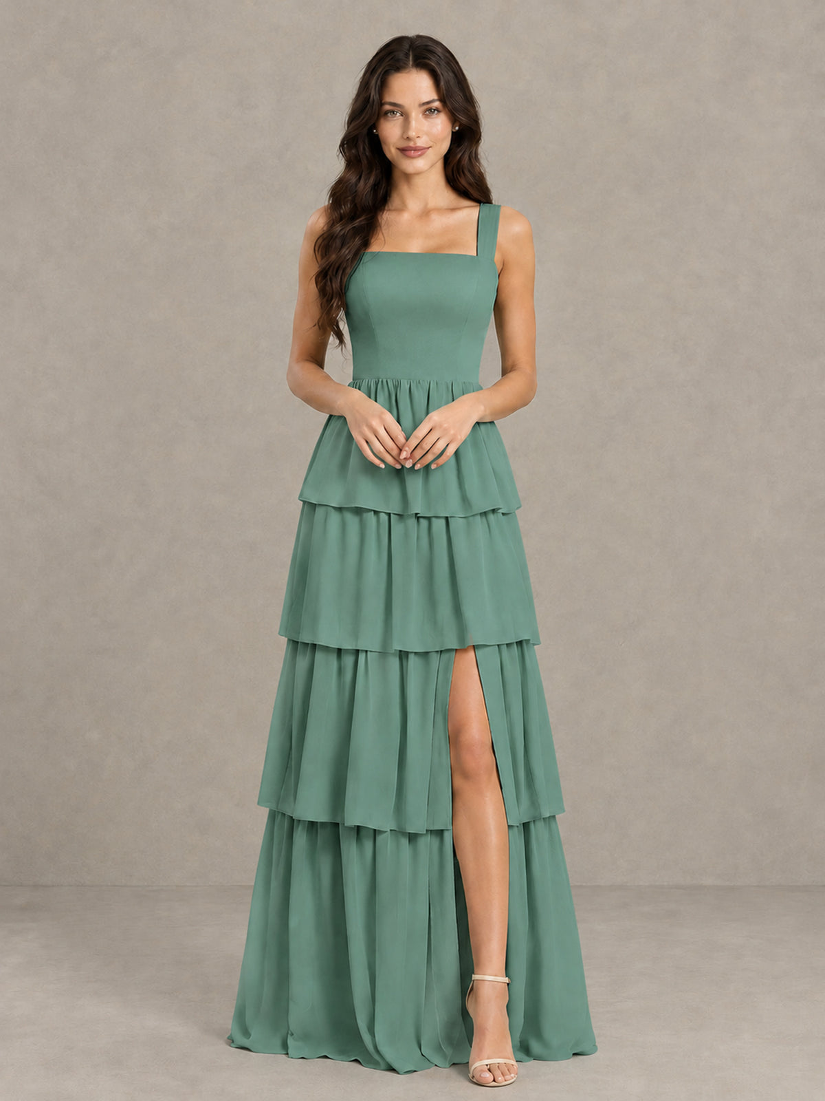 BOLODOO Eucalyptus Square Neck Tiered Bridesmaid Dress with Slit - Eucalyptus - Eucalyptus (4)