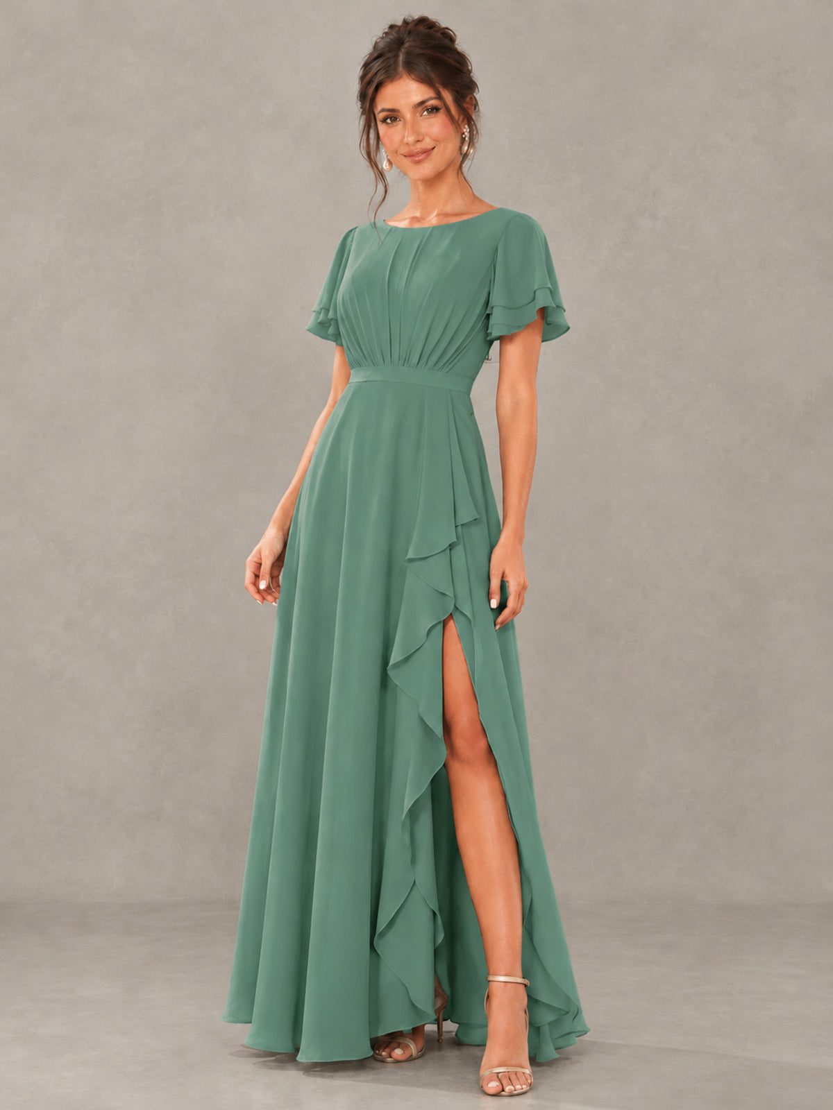 BOLODOO Eucalyptus Flutter Sleeve Ruffle Bridesmaid Dress with Slit - Eucalyptus - Eucalyptus (4)