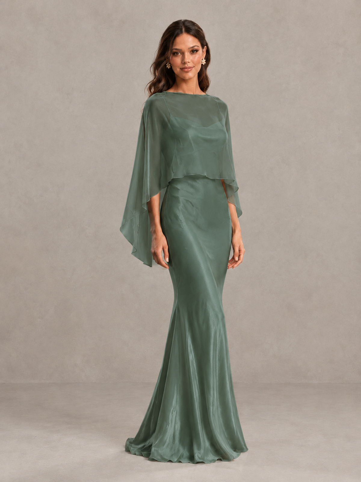 BOLODOO Eucalyptus Satin Mermaid Bridesmaid Dress with Chiffon Cape - Eucalyptus - Eucalyptus (4)