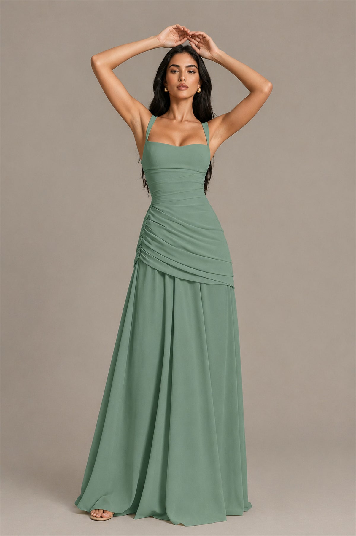 BOLODOO Square Neck Ruched A-Line Maxi Dress - Eucalyptus Backless Evening Gown - Eucalyptus