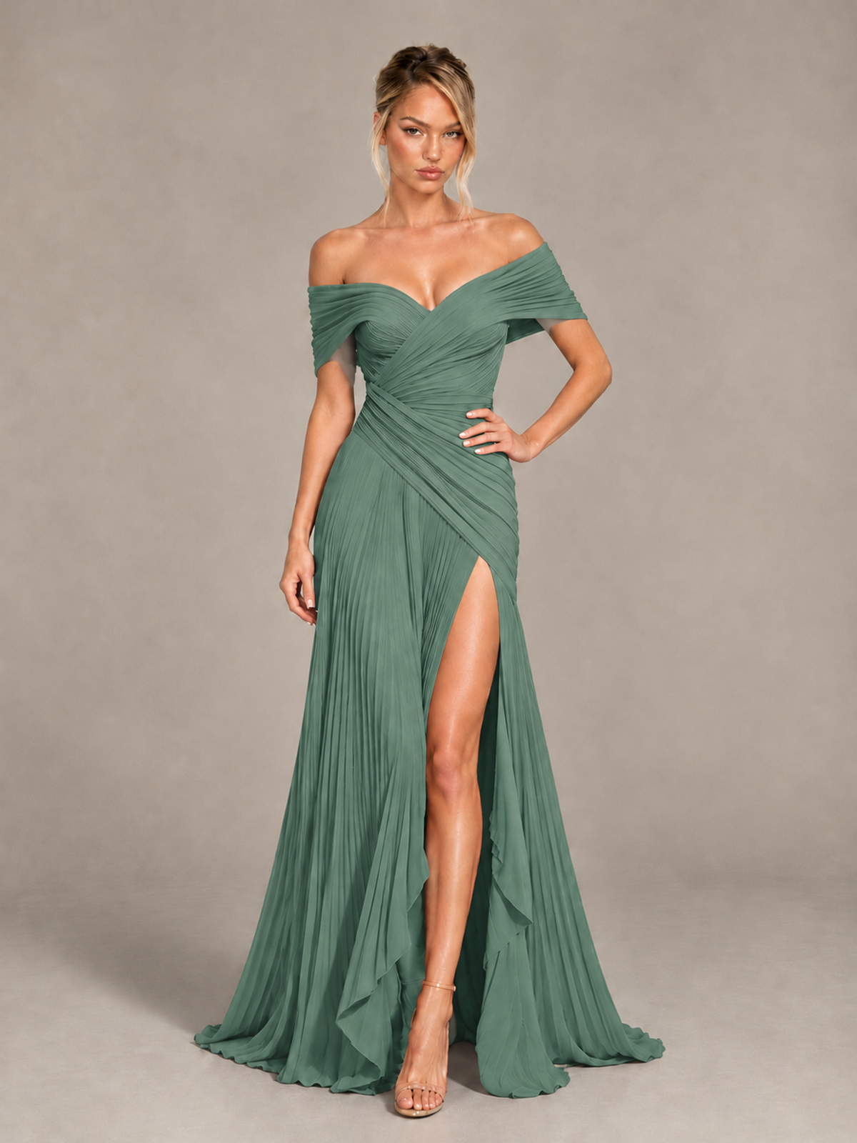BOLODOO Eucalyptus Off-Shoulder Ruched Pleated Maxi Dress with High Slit - Eucalyptus - Eucalyptus (4)
