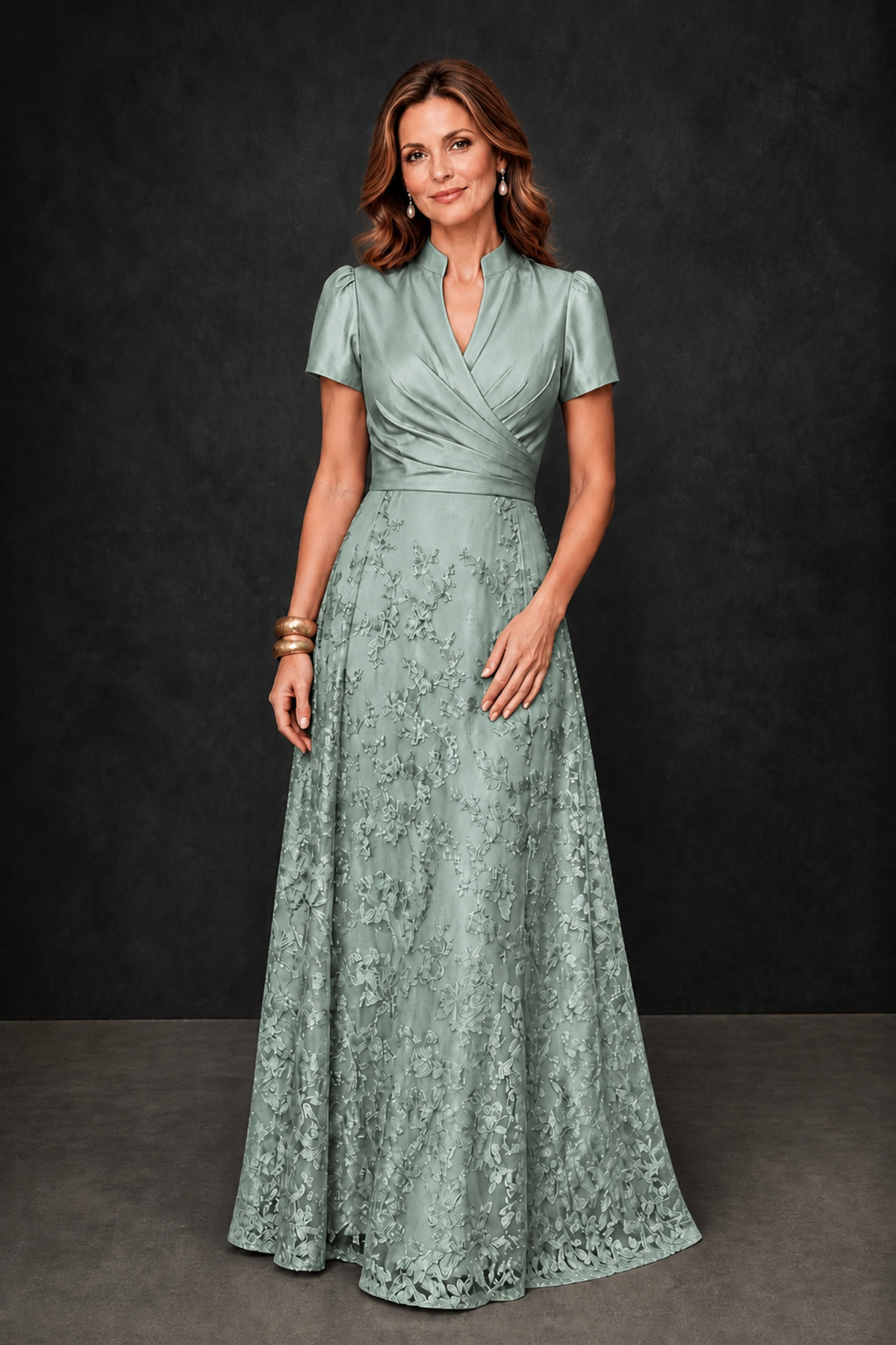 BOLODOO Eucalyptus Satin Wrap V-Neck Short Sleeve Lace Glitter A-Line Floor Length Evening Gown – Formal Dress - Eucalyptus - Eucalyptus (4)