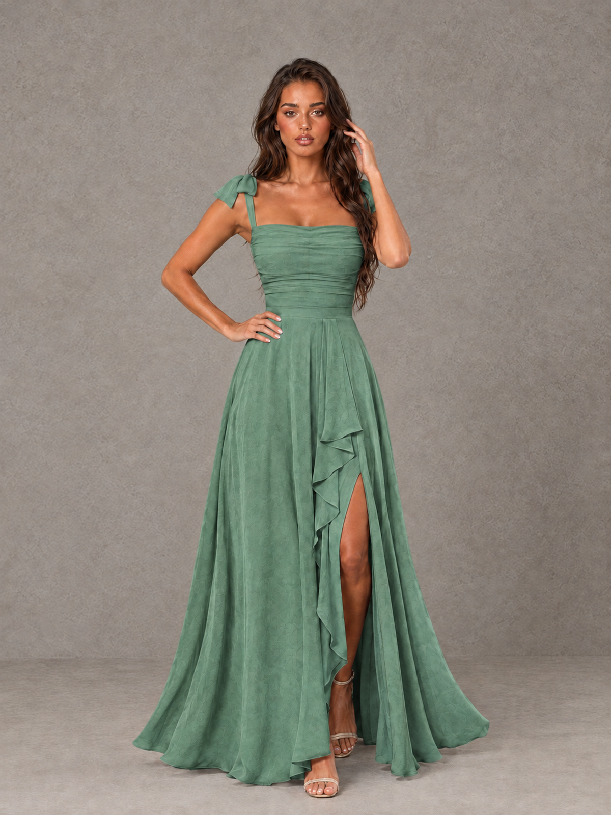 BOLODOO Eucalyptus Bow-Strap Bridesmaid Dress with Ruffle Slit - Eucalyptus - Eucalyptus (4)