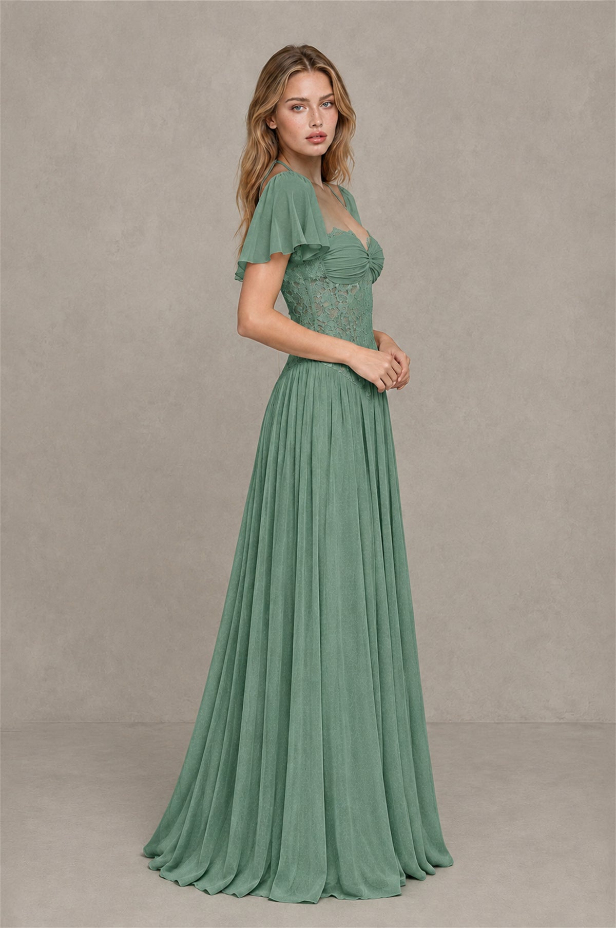 BOLODOO Eucalyptus Flutter Sleeve Lace Corset A-Line Maxi Dress - Eucalyptus - Eucalyptus (4)