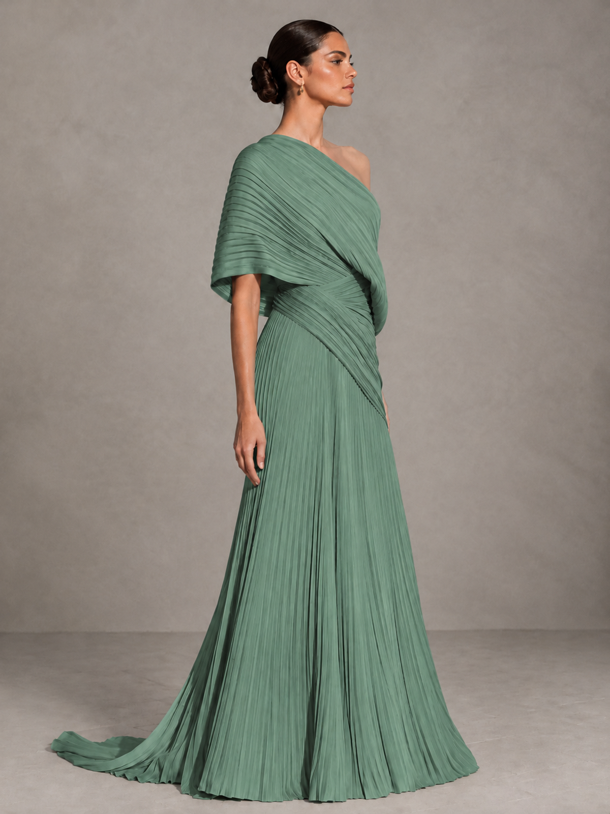 BOLODOO Eucalyptus One-Shoulder Pleated Cape Evening Gown with Train - Eucalyptus - Eucalyptus (4)