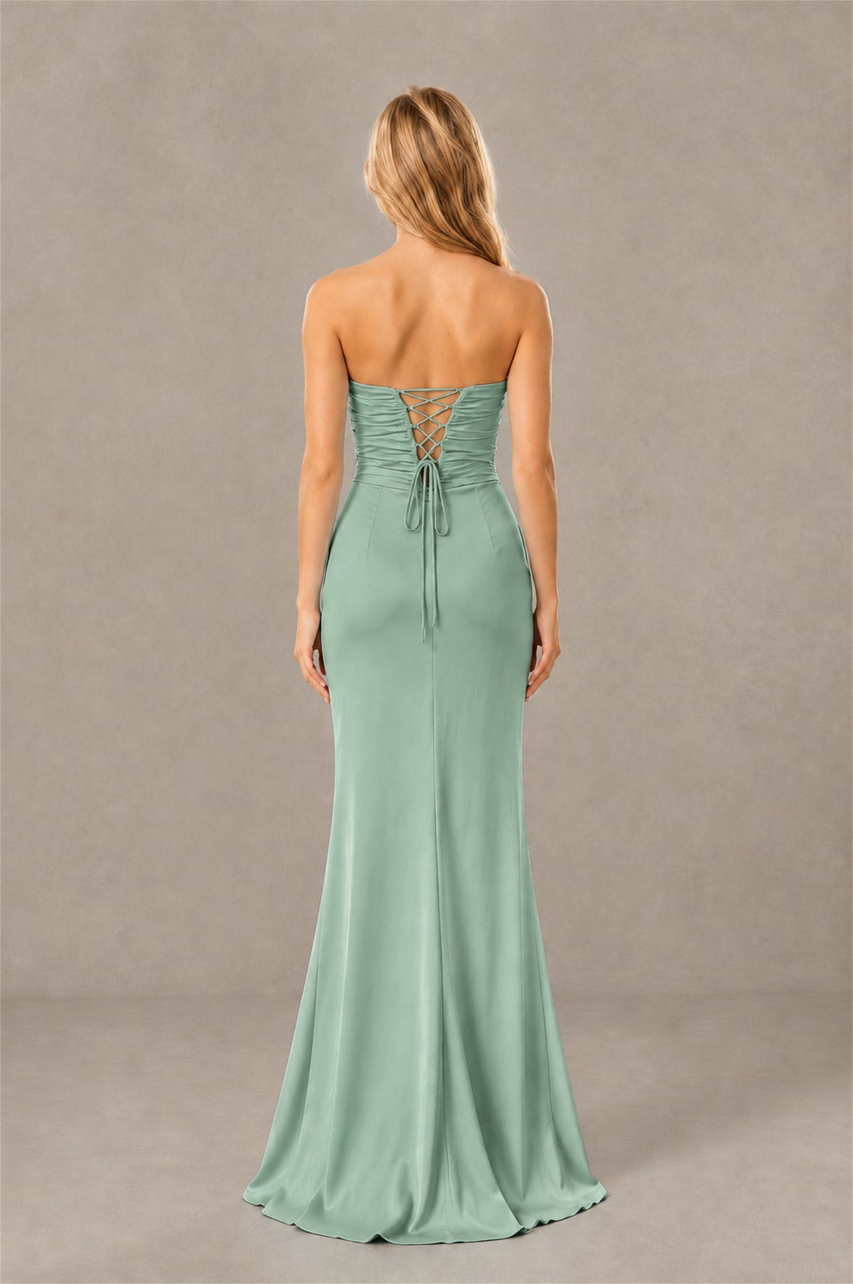 BOLODOO Eucalyptus Sweetheart Strapless Twist Knot Cutout Lace-Up Back Satin Mermaid Maxi Dress - Eucalyptus - Eucalyptus (4)