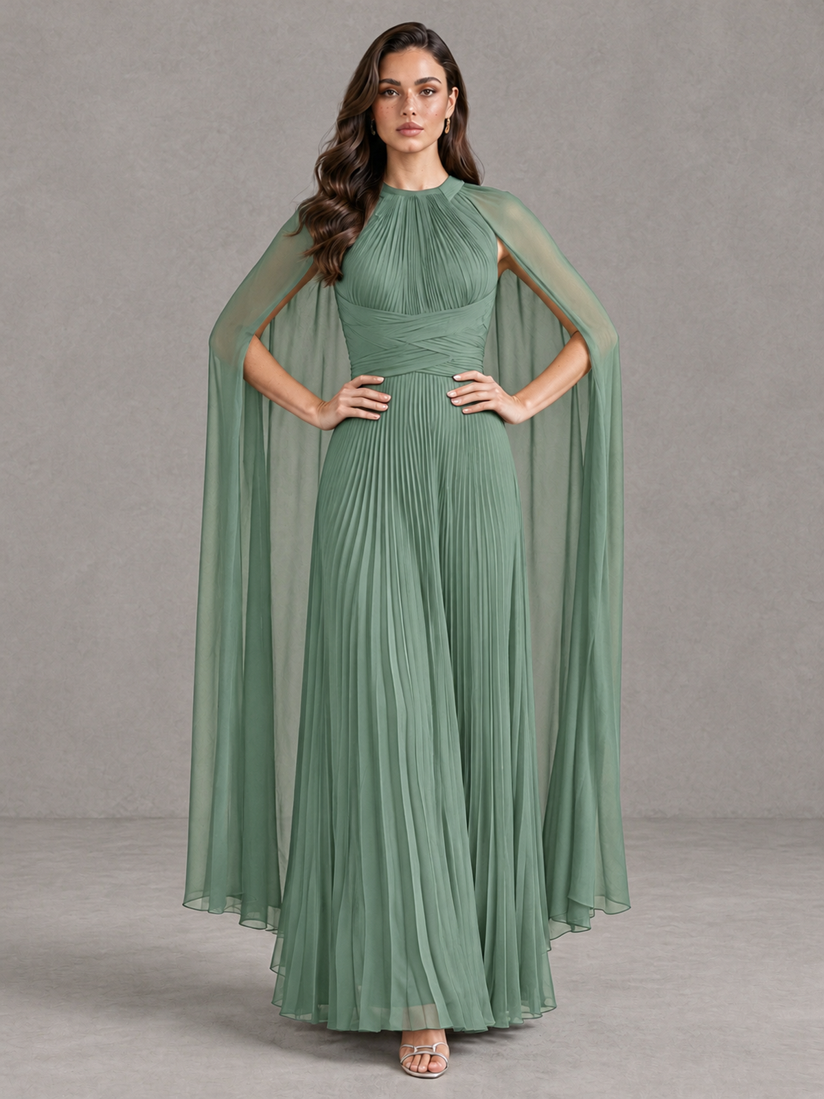 BOLODOO Eucalyptus Pleated Cape Maxi Wedding Guest Dress - Eucalyptus - Eucalyptus (4)