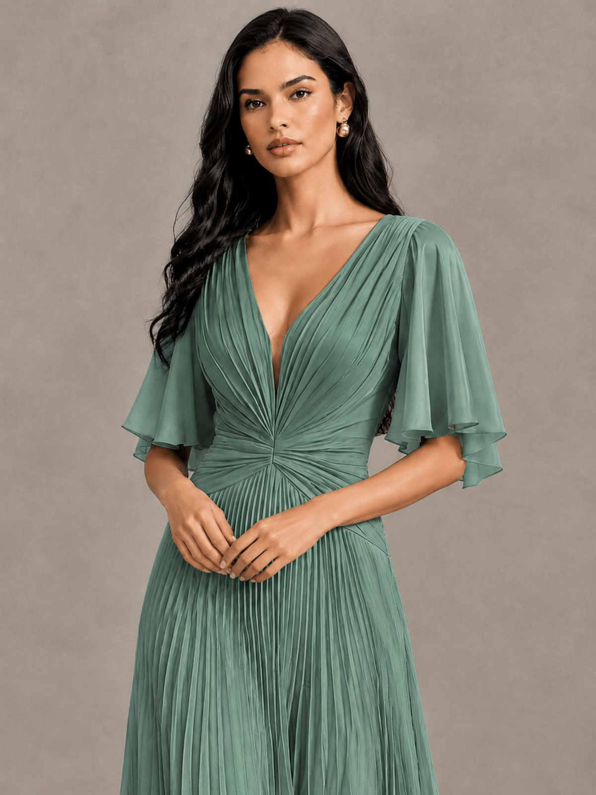 BOLODOO Eucalyptus Pleated V-Neck Flutter Sleeve Bridesmaid Dress - Eucalyptus - Eucalyptus (4)