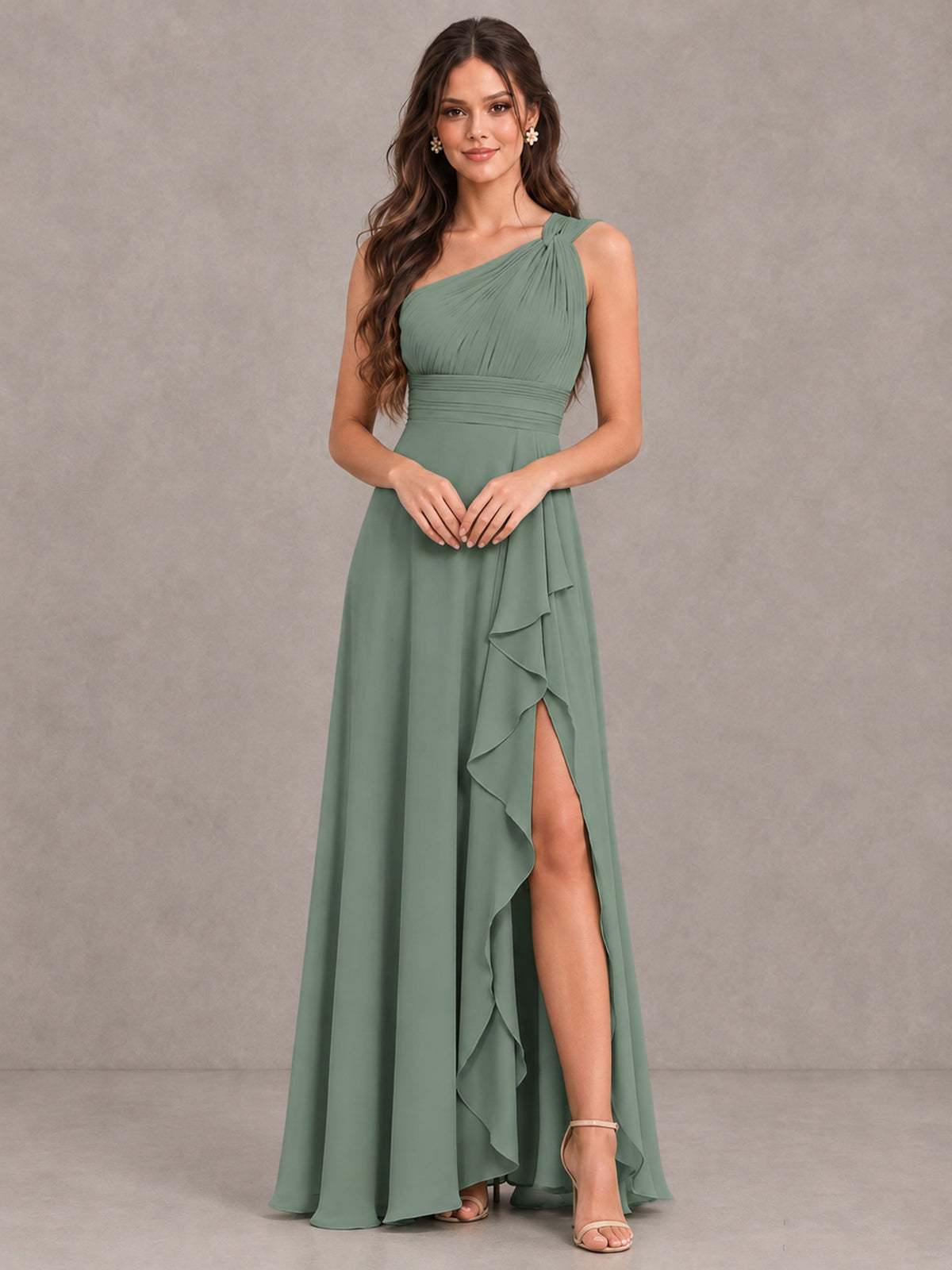 BOLODOO Eucalyptus One-Shoulder Ruffle Bridesmaid Dress with Slit - Eucalyptus - Eucalyptus (4)