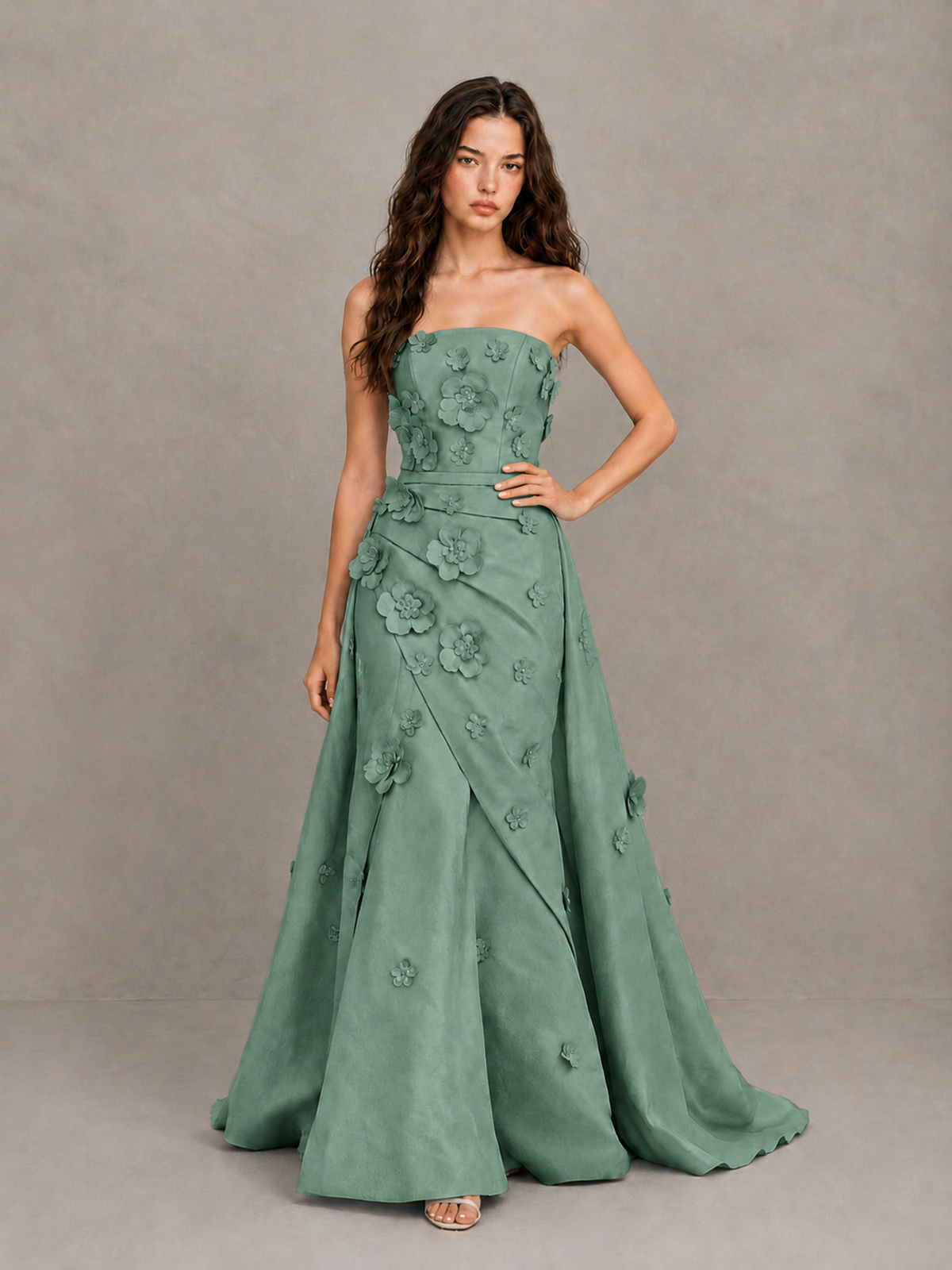 BOLODOO Eucalyptus Strapless 3D Floral Applique Prom Gown with Draped Skirt - Eucalyptus - Eucalyptus (4)