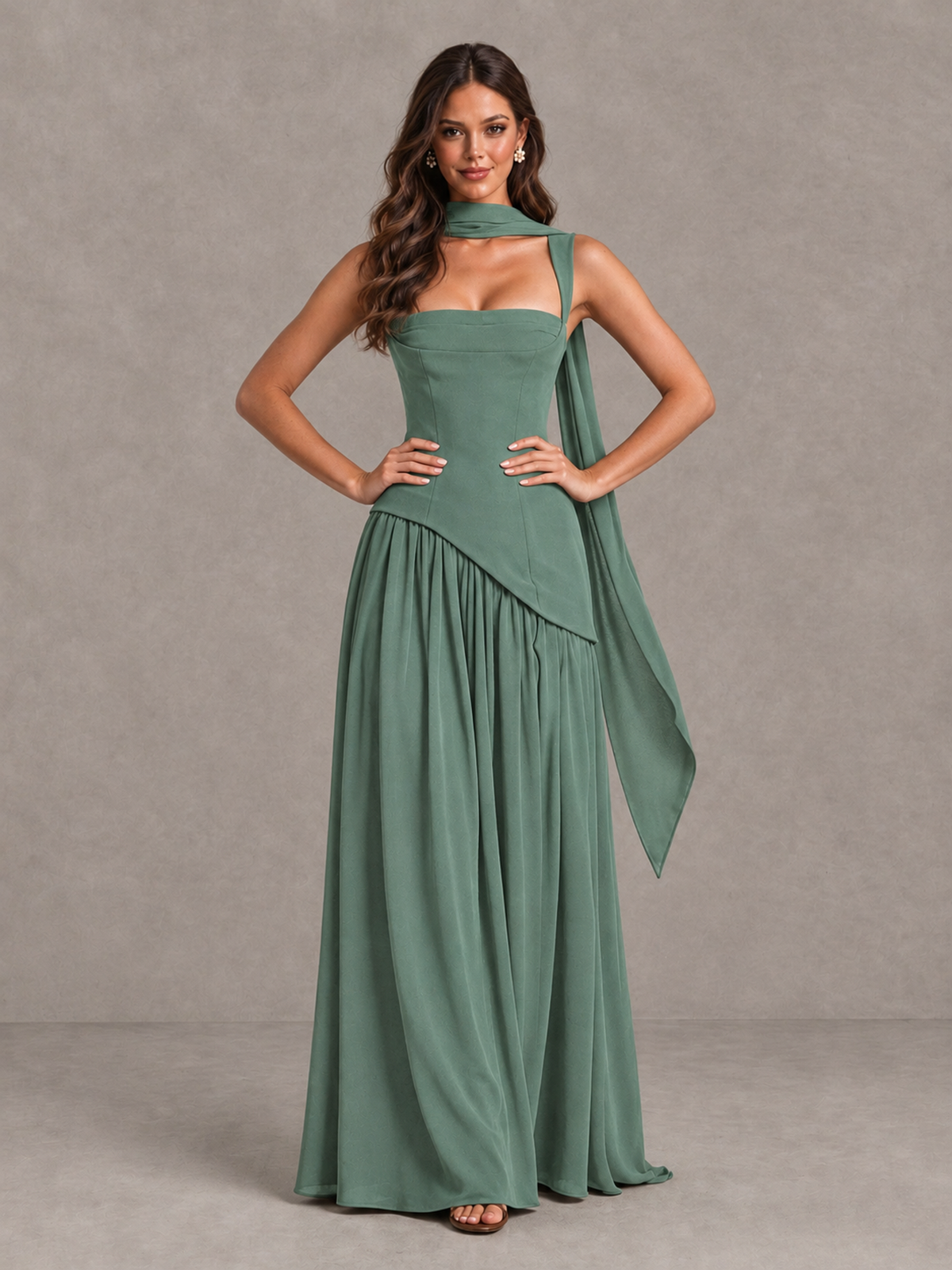 BOLODOO Eucalyptus Brown Scarf Bridesmaid Dress with Lace-Up Back - Eucalyptus - Eucalyptus (4)