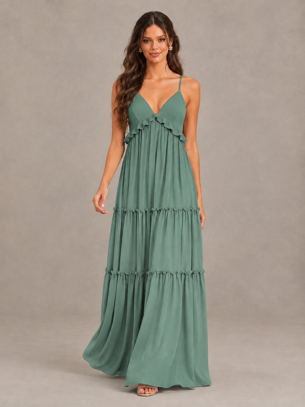 BOLODOO Eucalyptus Tiered V-Neck Lace-Up Back Bridesmaid Dress - Eucalyptus - Eucalyptus (4)