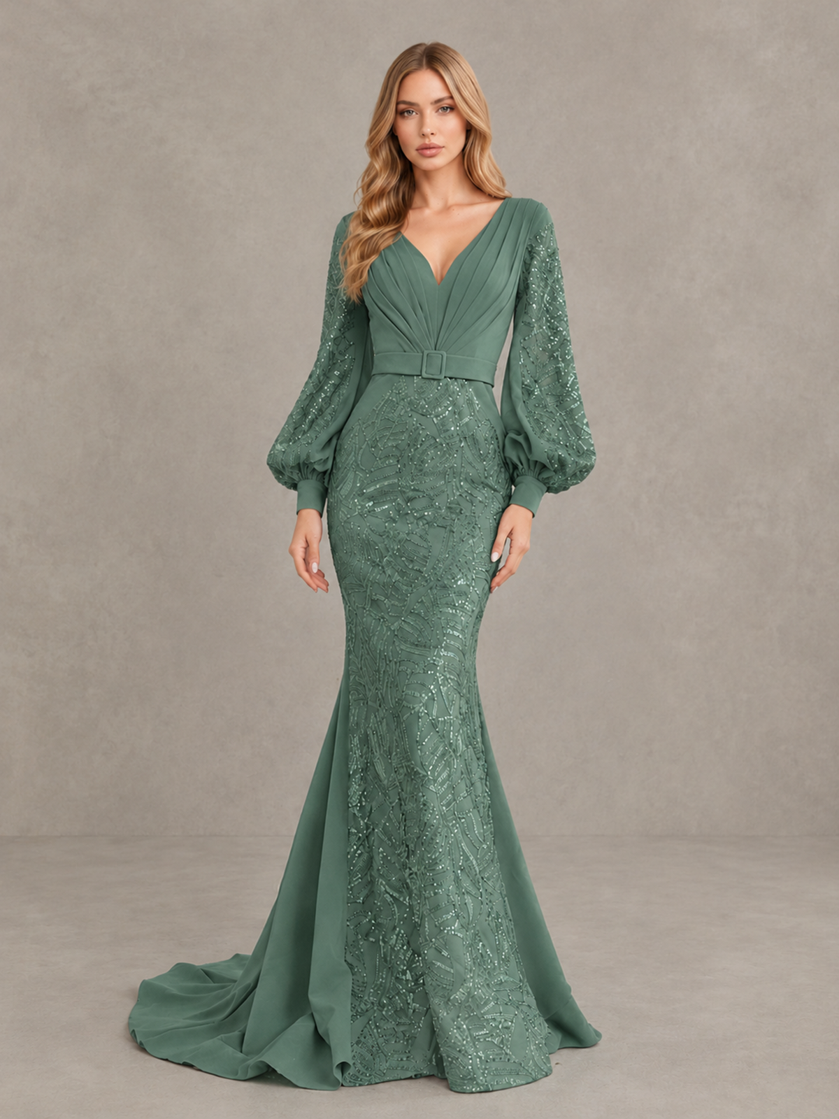 BOLODOO Eucalyptus Sequin Long Bishop Sleeve Mermaid Evening Dress - Eucalyptus - Eucalyptus (4)