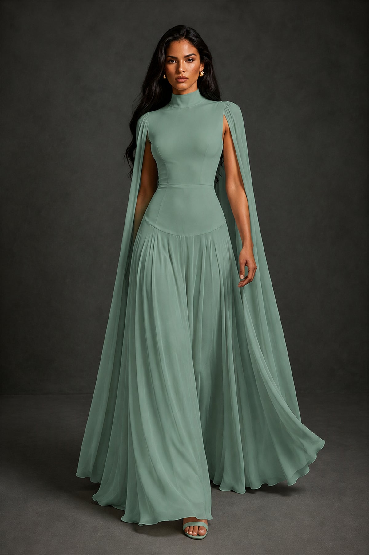 BOLODOO Eucalyptus Mock Neck Cape Sleeve A-Line Chiffon Maxi Dress - Eucalyptus - Eucalyptus (4)