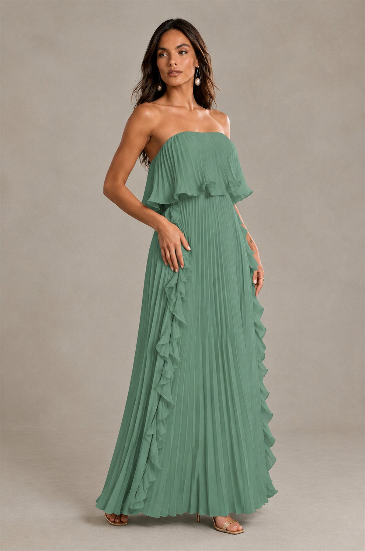BOLODOO Eucalyptus Strapless Ruffle Bodice Dual Cascading Ruffle Accordion Pleated Chiffon Maxi Dress - Eucalyptus