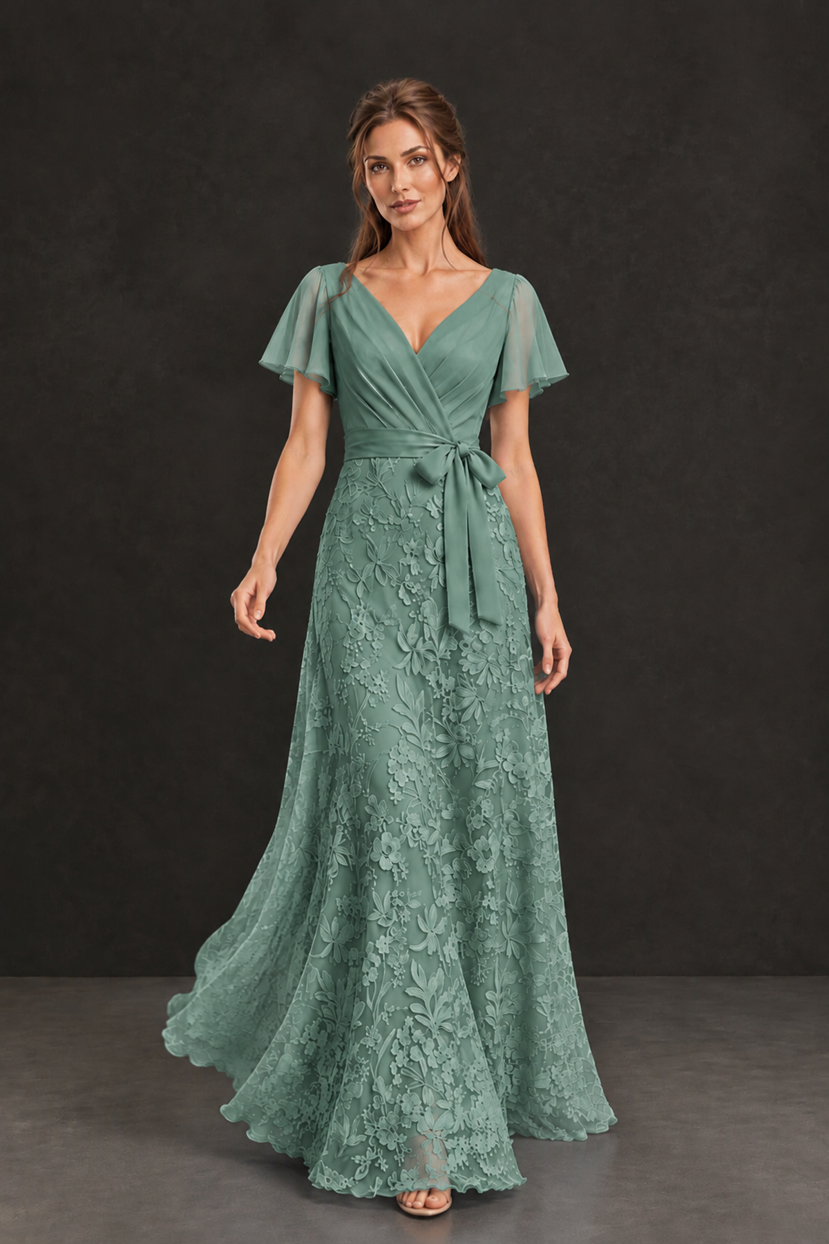 BOLODOO Eucalyptus Flutter Sleeve Lace Mother of the Bride Dress - Eucalyptus
