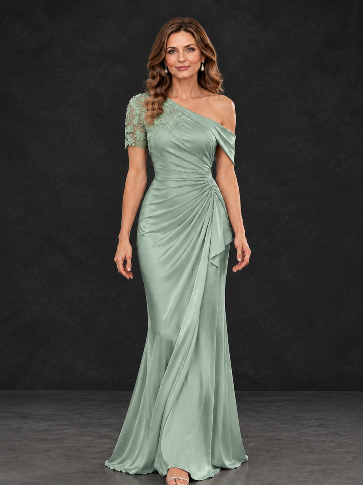 BOLODOO Eucalyptus Asymmetric Satin Mother of the Bride Dress with Lace Sleeve - Eucalyptus - Eucalyptus (4)