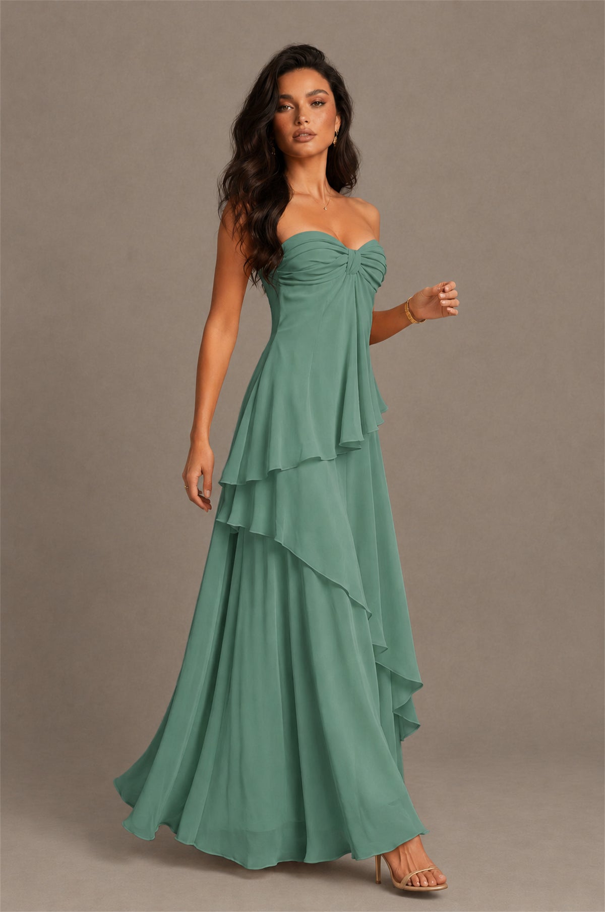 BOLODOO Eucalyptus Strapless Sweetheart Knotted Chiffon Tiered Maxi Dress with Lace-Up Back - Eucalyptus