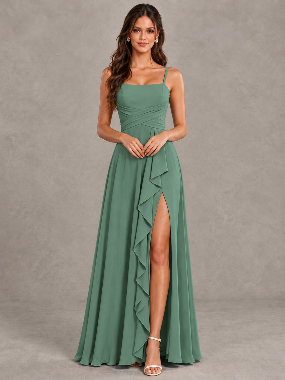 BOLODOO Eucalyptus Spaghetti Strap Ruffle Bridesmaid Dress with Slit - Eucalyptus - Eucalyptus (4)