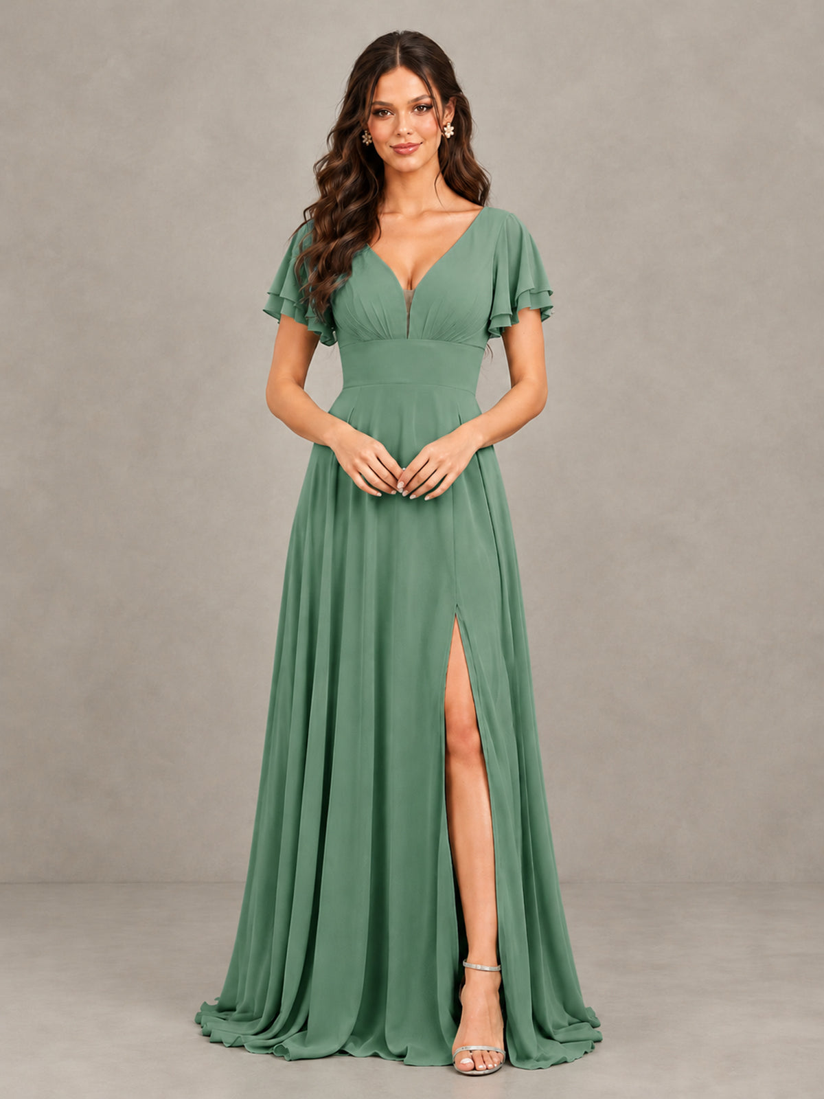 BOLODOO Eucalyptus Flutter Sleeve Chiffon A-Line Maxi Bridesmaid Dress with Open Back & Slit - Eucalyptus - Eucalyptus (4)