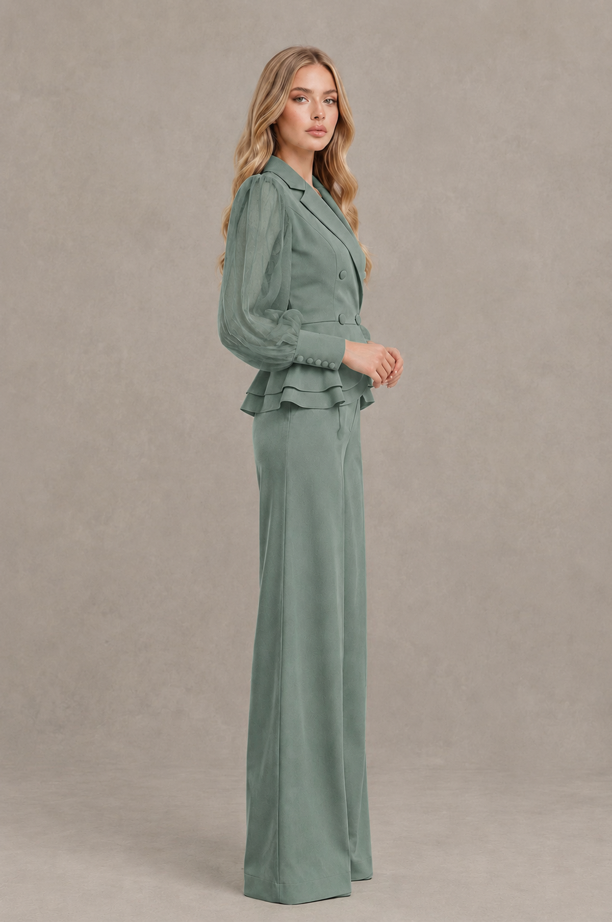 BOLODOO Mint Eucalyptus Peplum Blazer Wide-Leg Pantsuit with Sheer Puff Sleeves - Eucalyptus
