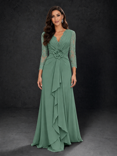 BOLODOO Eucalyptus Lace Sleeve V-Neck Floral Waist Chiffon A-Line Maxi Dress 