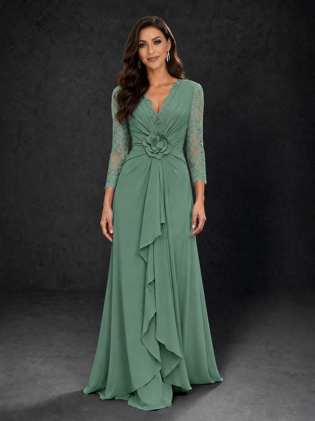 BOLODOO Eucalyptus Lace Sleeve V-Neck Floral Waist Chiffon A-Line Maxi Dress 
