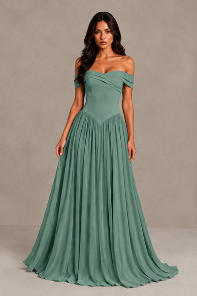 BOLODOO Eucalyptus Off-Shoulder Sweetheart Corset Pleated Chiffon Maxi Dress 