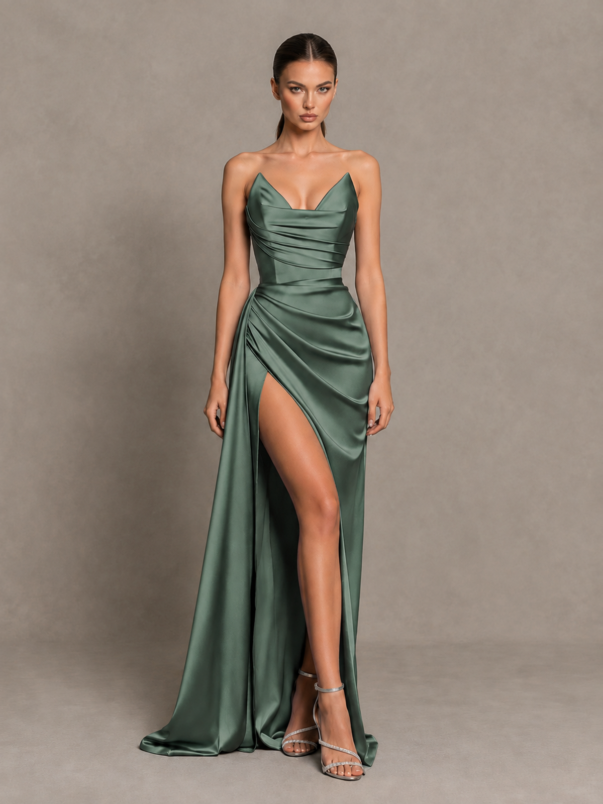 BOLODOO Eucalyptus Strapless Satin High-Slit Lace-Up Prom Dress 