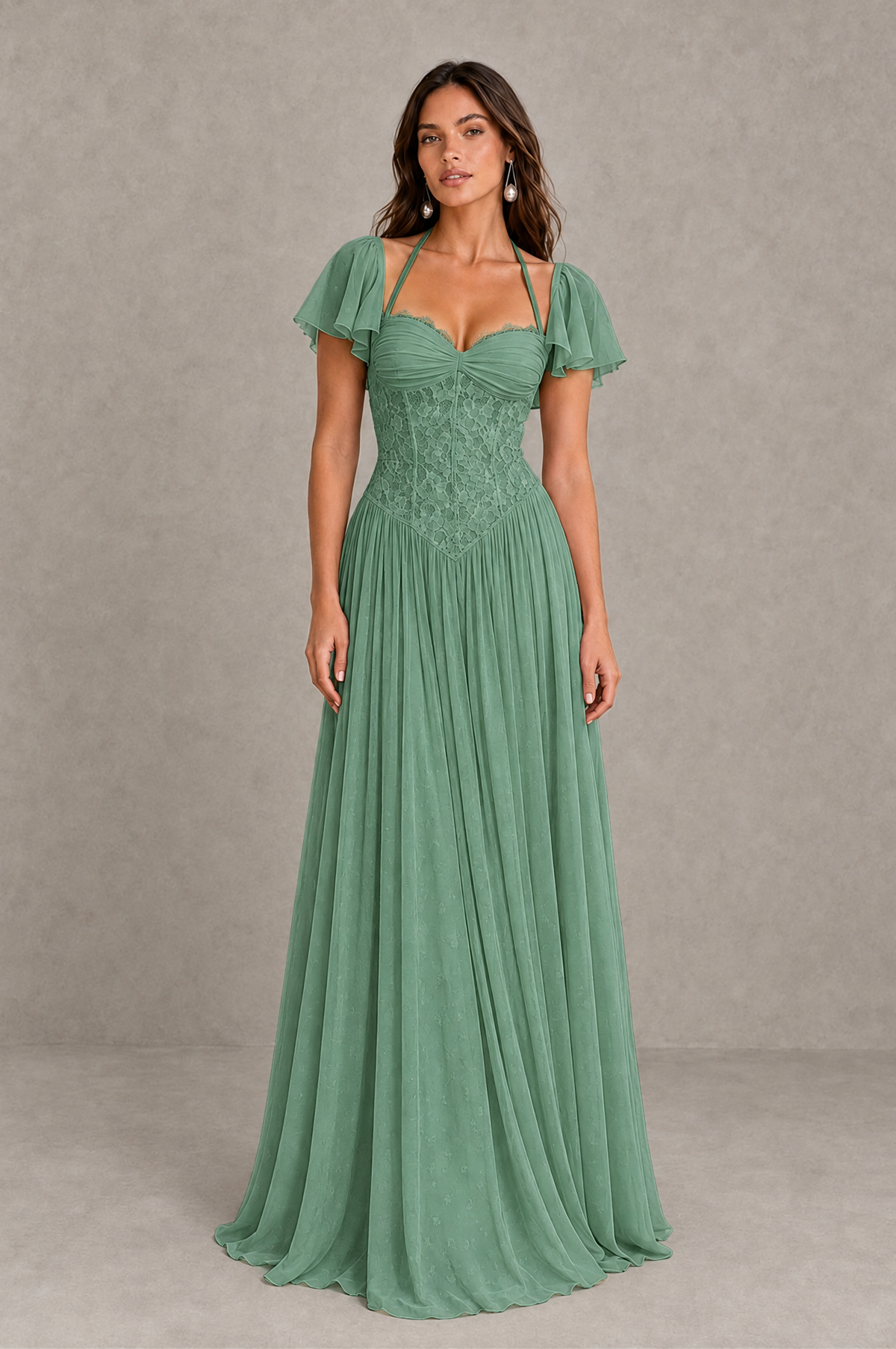 BOLODOO Eucalyptus Flutter Sleeve Lace Corset A-Line Maxi Dress 