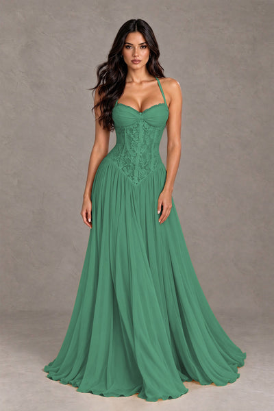 BOLODOO Eucalyptus Lace Corset Halter Maxi Gown – Backless A-Line Formal Dress 