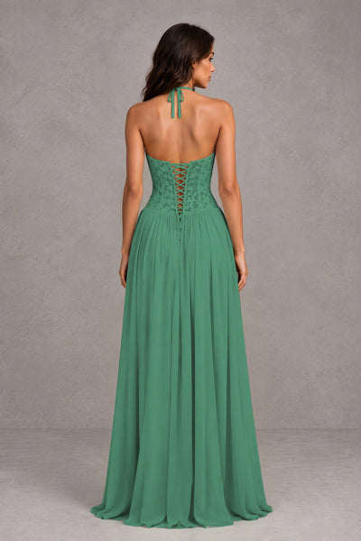 BOLODOO Eucalyptus Lace Corset Halter Maxi Gown – Backless A-Line Formal Dress 