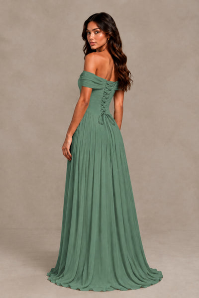 BOLODOO Eucalyptus Off-Shoulder Sweetheart Corset Pleated Chiffon Maxi Dress 