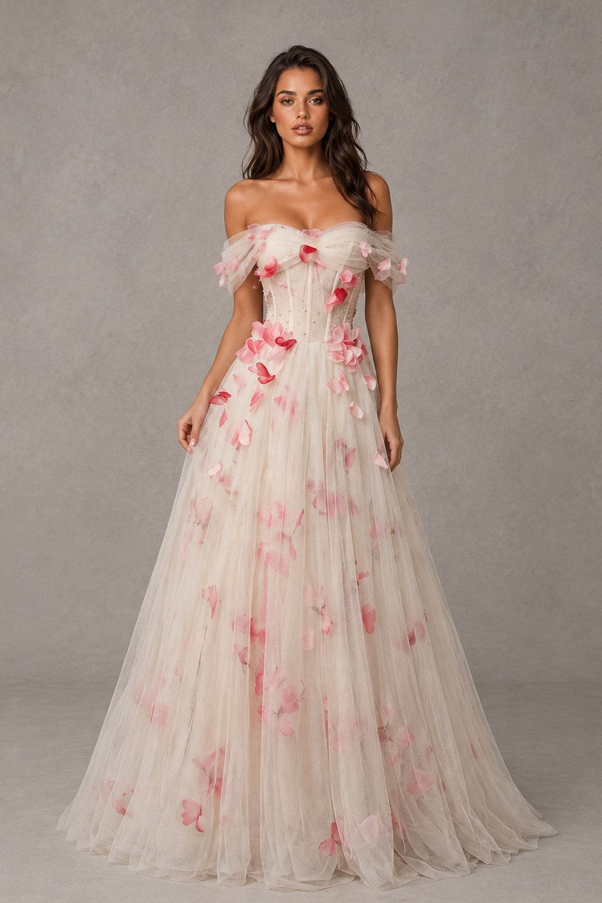 BOLODOO XX059 ivory and pink floral off-shoulder corset gown, full front view