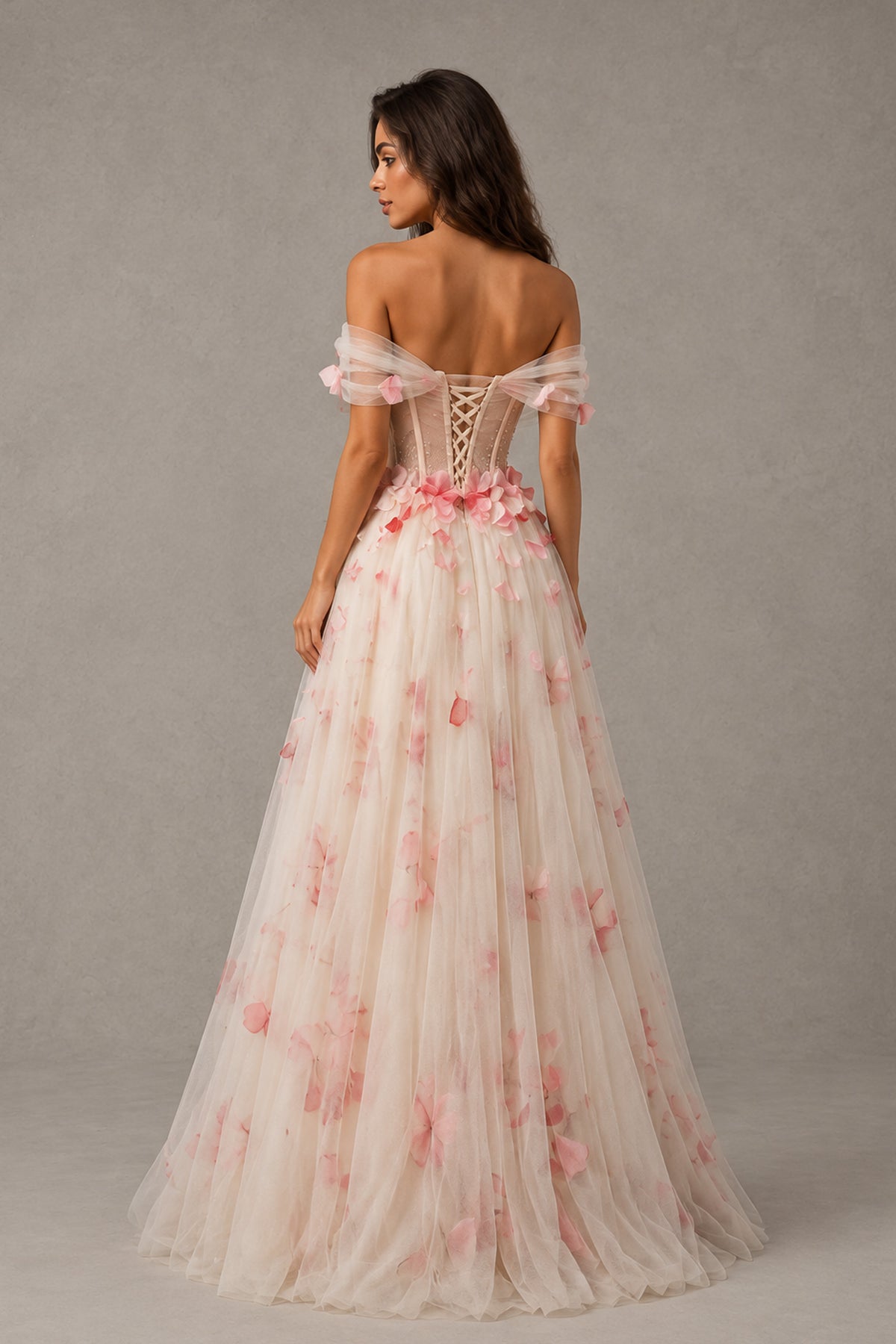 BOLODOO XX059 floral gown with exposed upper back and lace-up corset fastening, back view