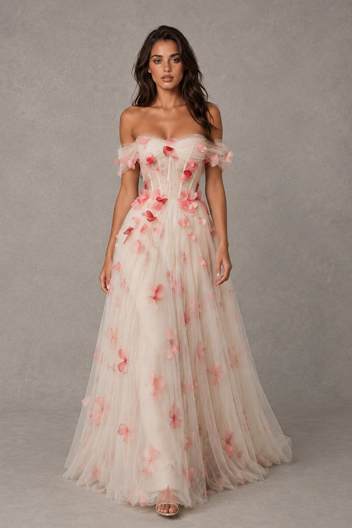 BOLODOO floral A-line floor-length gown with pink petal appliques, front walking view