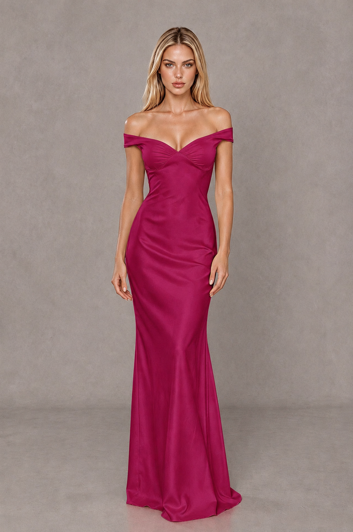 BOLODOO Fuchsia Off-Shoulder Open-Back Satin Evening Gown - Fuchsia - Fuchsia_01