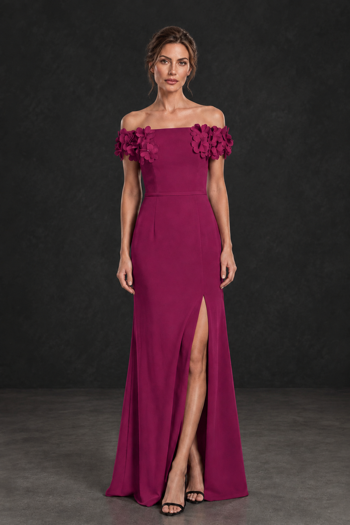 BOLODOO Fuchsia Off-the-Shoulder Mother of the Bride Dress with Floral Appliques - Fuchsia - Fuchsia_01