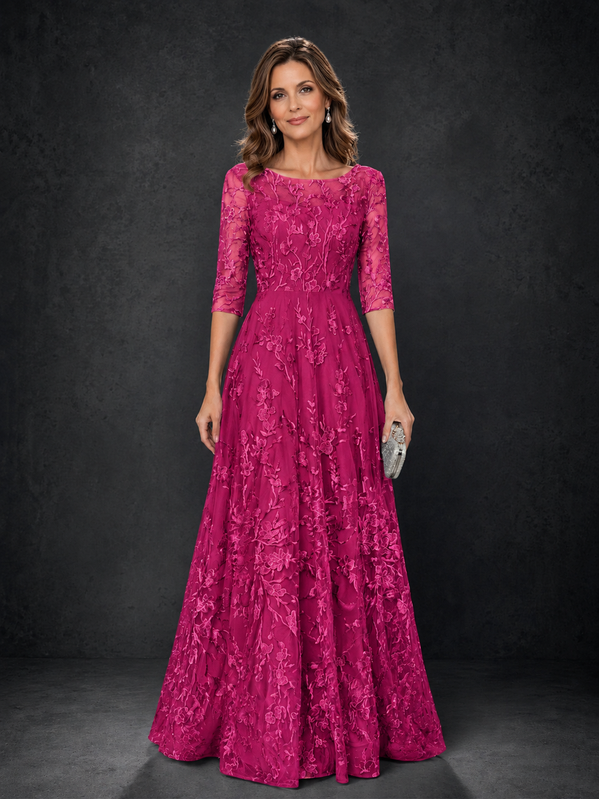 BOLODOO Fuchsia Illusion Bateau Neck 3/4 Sleeve Floral Lace A-Line Mother of the Bride Dress MX007 - Fuchsia - Fuchsia_01