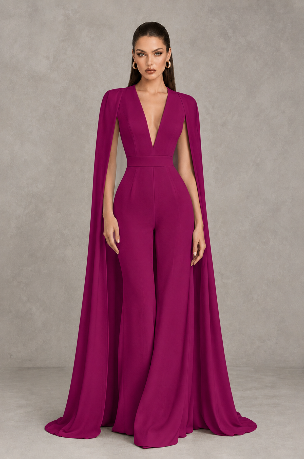 BOLODOO Fuchsia Deep V-Neck Cape Sleeve Bridal Jumpsuit - Fuchsia - Fuchsia_01