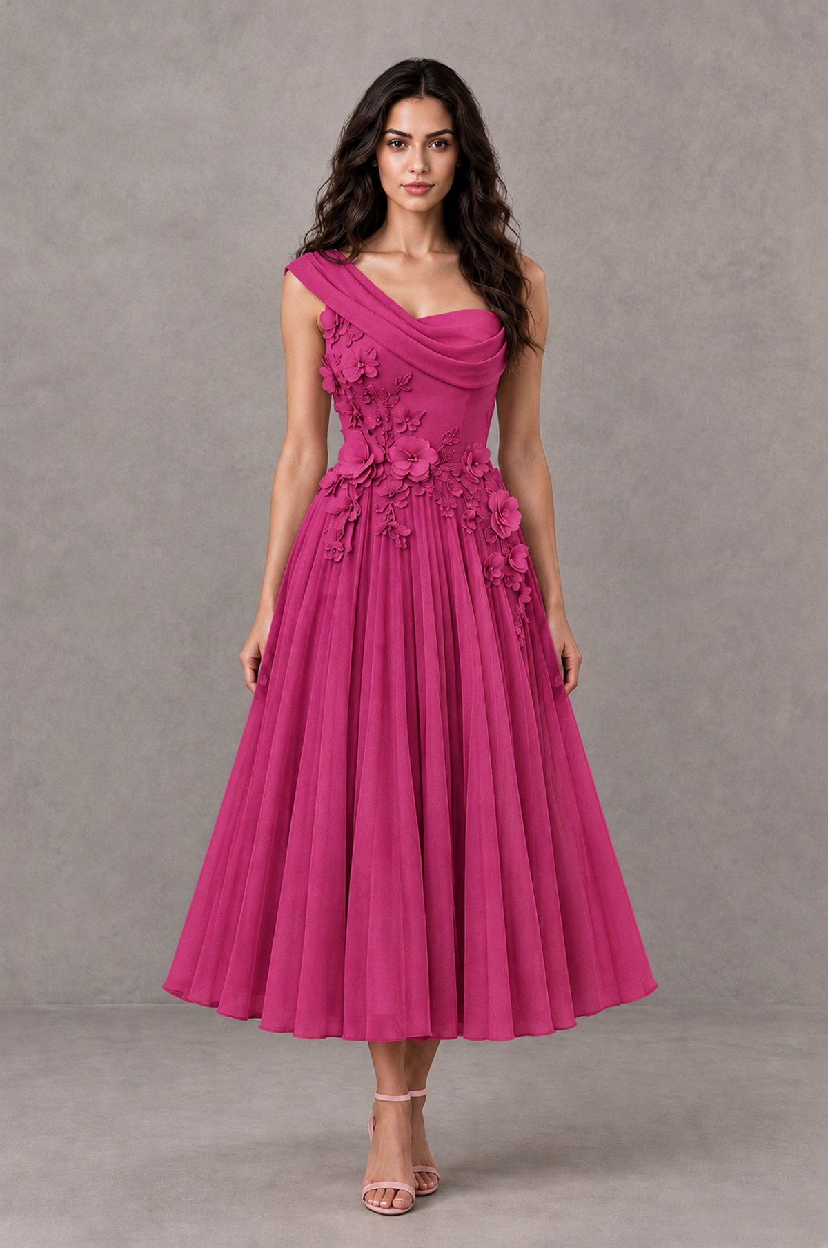 BOLODOO Fuchsia One-Shoulder Floral Tulle Tea-Length Dress - Fuchsia - Fuchsia_01