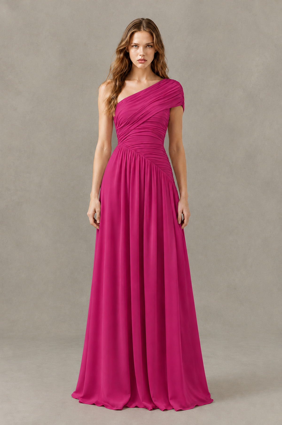 BOLODOO Fuchsia One-Shoulder Ruched Floor-Length Bridesmaid Dress - Fuchsia - Fuchsia_01