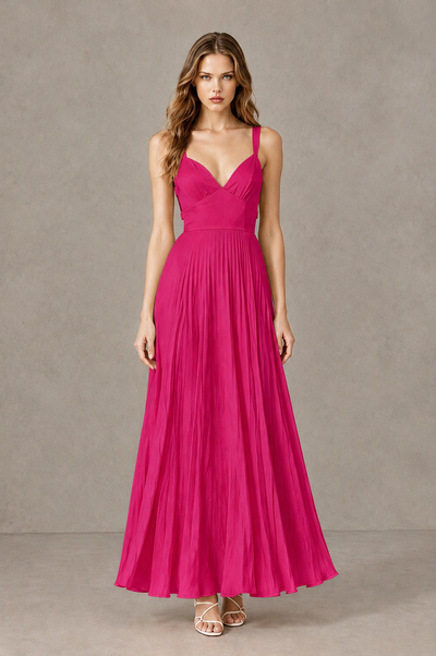 BOLODOO Fuchsia V-Neck Pleated Open-Back Maxi Dress - Fuchsia - Fuchsia_01